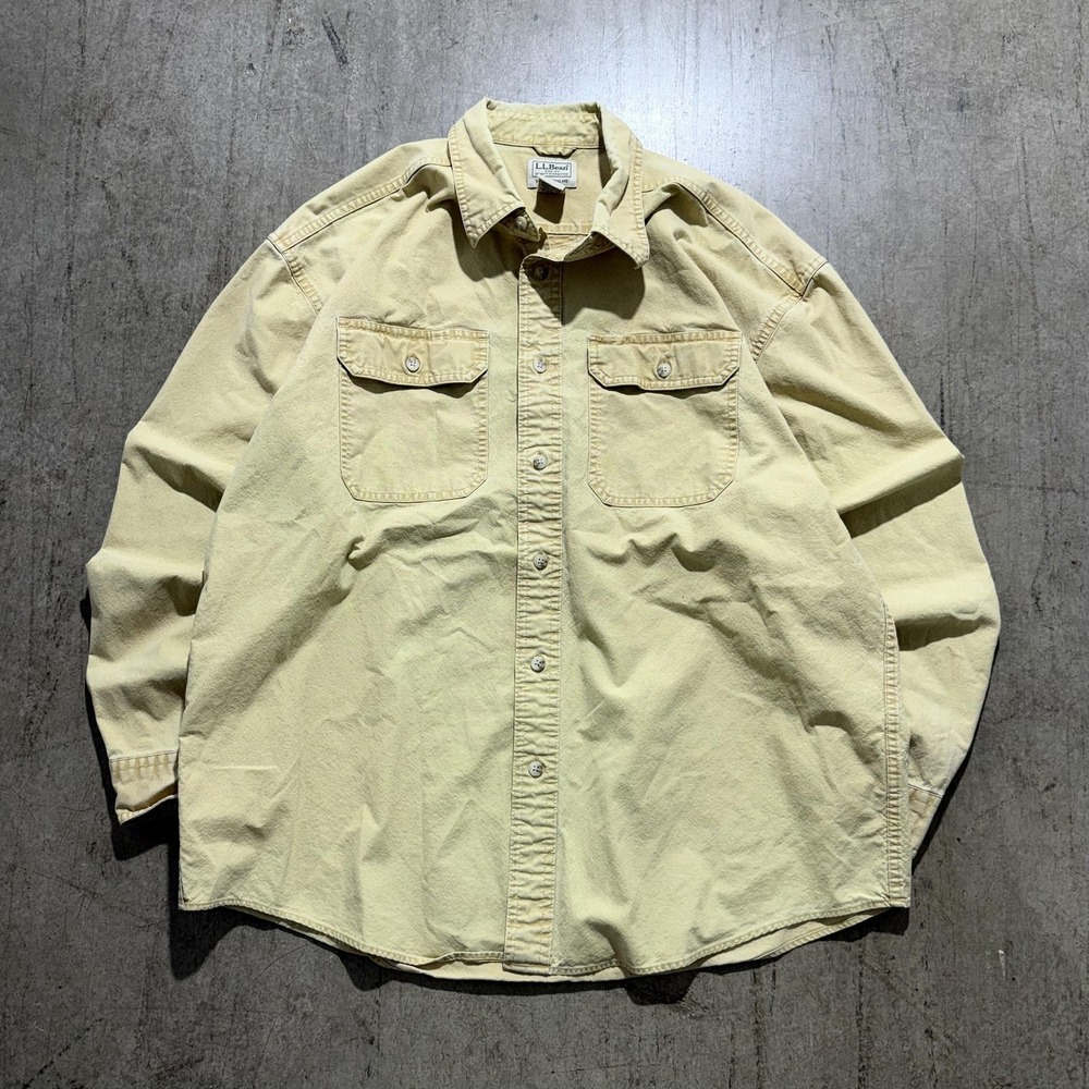 L.L. Bean Shirt Mens Large Beige Button Front Pockets Casual Workwear Cotton